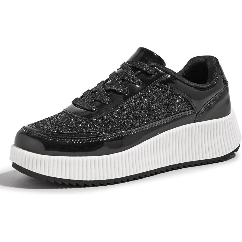 Lucky Step Women's Black Platform Sneakers Rhinestone Fashion Chunky Shoes